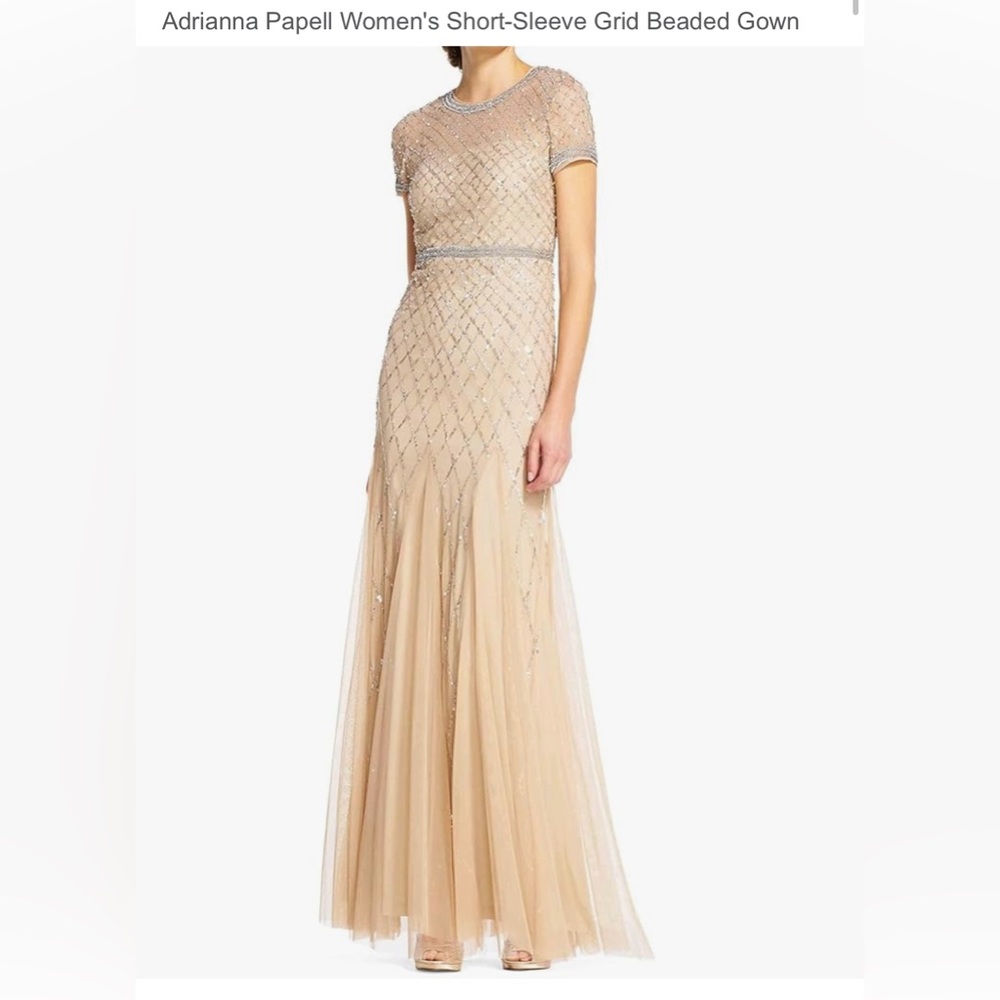 Adrianna Papell Women's Short-Sleeve Grid Beaded Gown